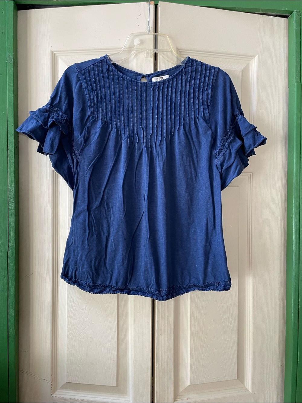 True Craft Navy Blue Pintuck Ruffle Sleeve Blouse
